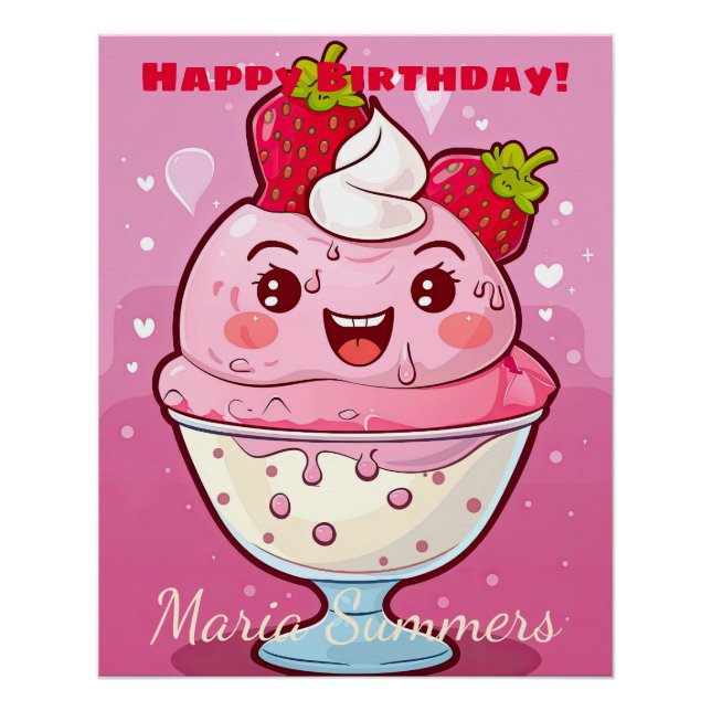 Poster Joyeux Anniversaire Sorbet Glace Kawaii Dessin Ani (Devant)