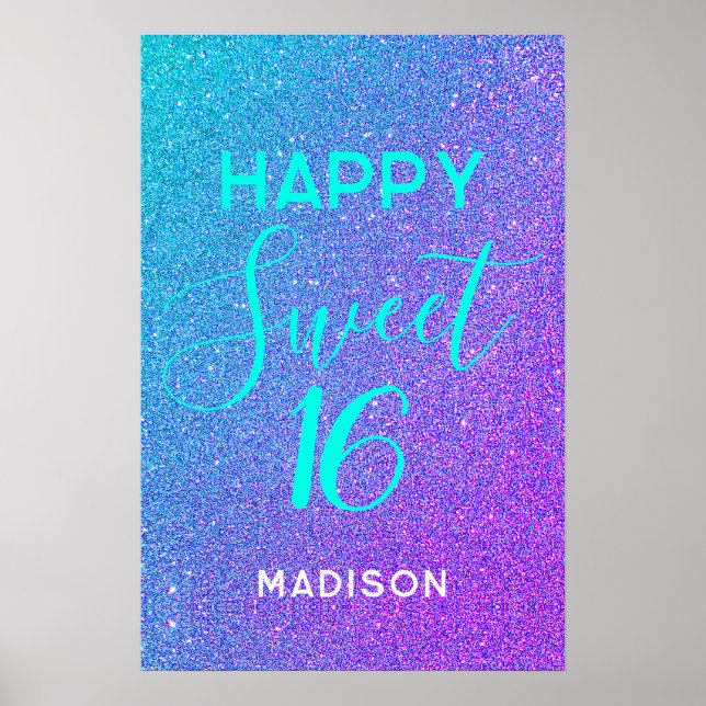 Poster Joyeux Anniversaire Sweet 16 Personnalisé Turquois (Devant)