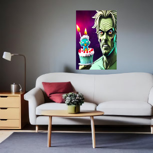 Poster Joyeux anniversaire, zombie, gâteau AI Art