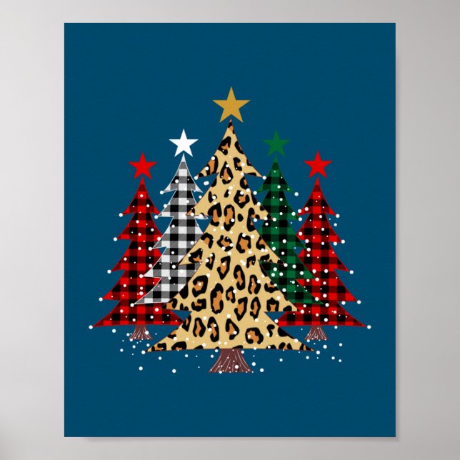 Poster Joyeux arbres de Noël avec Buffalo Plaid & Leopard (Devant)