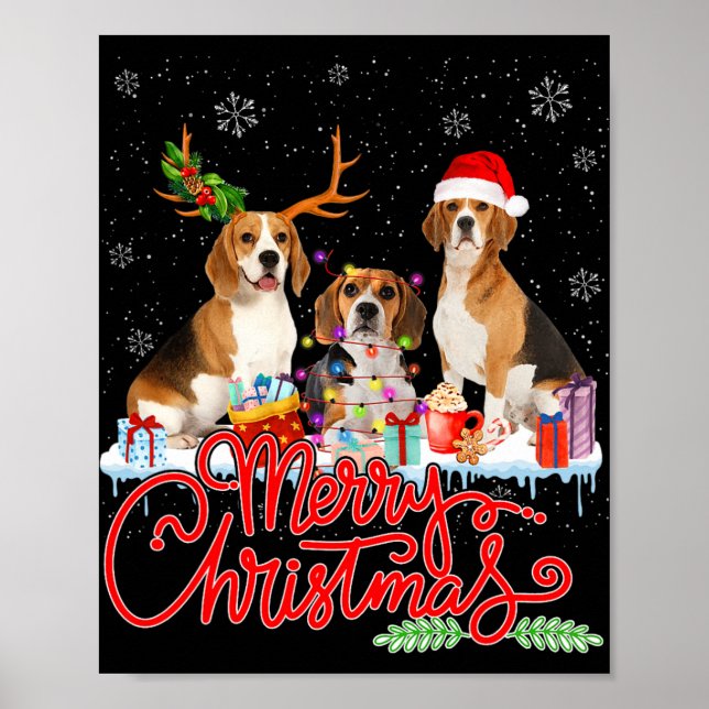 Poster Joyeux Beagle de Noël Chien Père Noël Reindeer Lig (Devant)