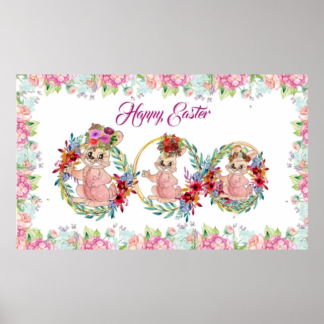 Poster Joyeux Bunny de Pâques Aquarelle Floral Wreath Kid (Devant)