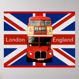 Poster Joyeux bus rouge et drapeau britannique