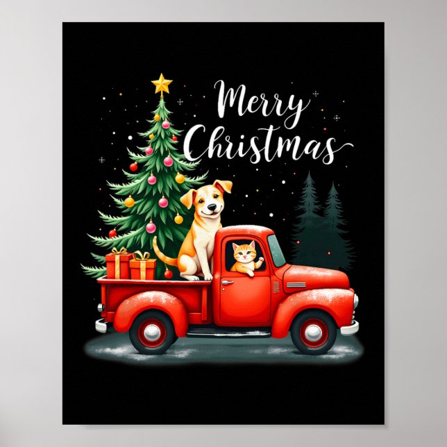 Poster Joyeux Camion Rouge Noël Avec Chien &amp; Chat Noë (Devant)