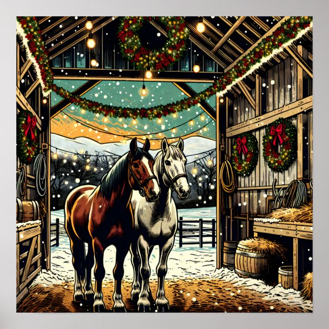 Poster Joyeux Chevaux de Cartoon de Noël (Devant)