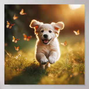 Poster joyeux chiot Golden Retriever courant matin lumièr