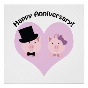Poster Joyeux couple de cochons à l'anniversaire