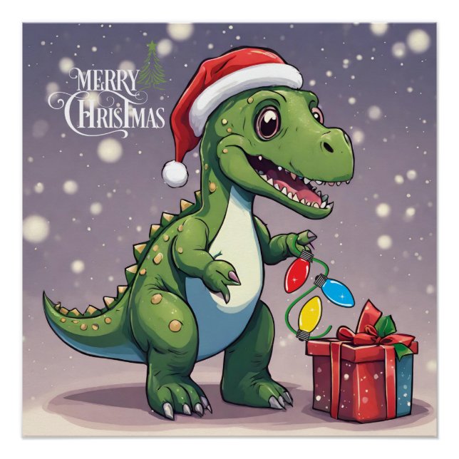 Poster Joyeux dinosaure de Noël avec présent (Devant)