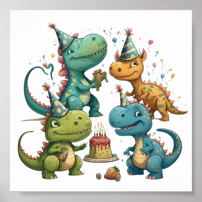 Poster Joyeux dinosaures d'anniversaire (Devant)