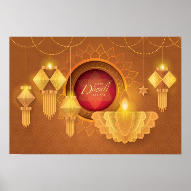 Poster Joyeux Diwali Papercut Lanterns (Devant)