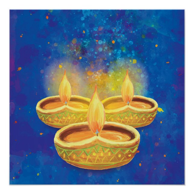 Poster Joyeux Diwali peint à la main illuminant des bougi (Devant)