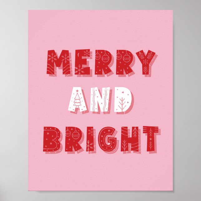 Poster Joyeux et lumineux, Joyeux Noël, Noël, Rose (Devant)