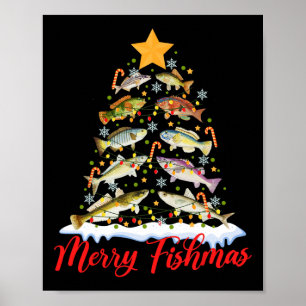 Poster Joyeux Fishmas Drôle de sapin de Noël Lumières Poi