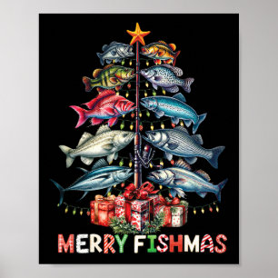 Poster Joyeux Fishmas Drôles de lumières de sapin de Noël