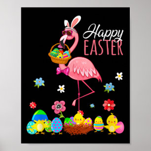 Poster Joyeux Flamant rose de Pâques avec Oeufs de Pâques