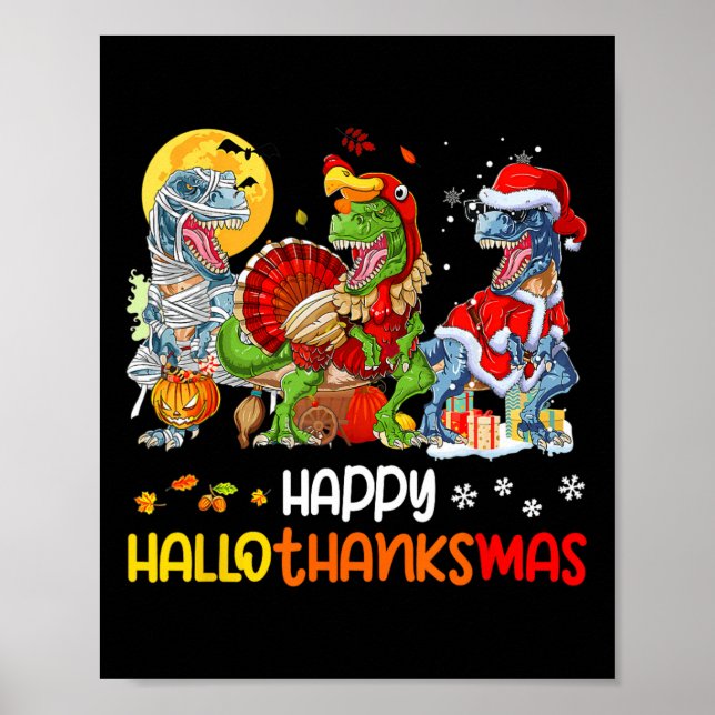 Poster Joyeux Hallothanksmas Thanksgiving Dinosaur T Rex  (Devant)