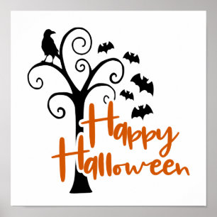 Poster Joyeux Halloween Arbre Mort Orange Noir Chauves-so