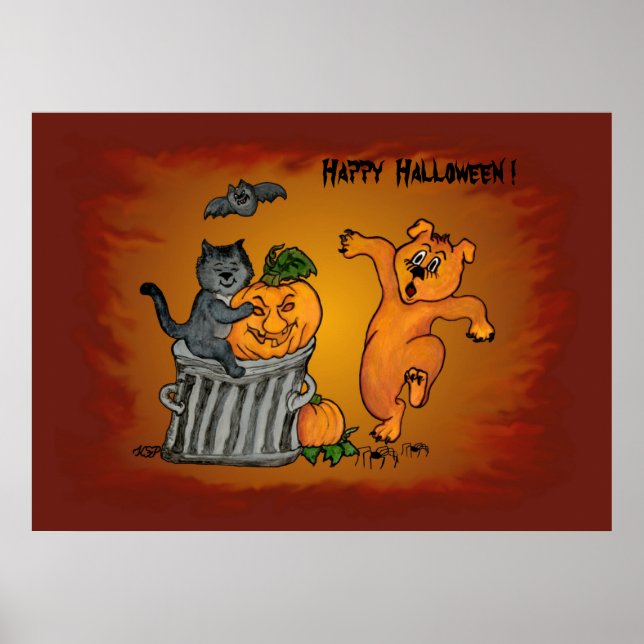 Poster Joyeux Halloween avec Chat Chat Chien et Araignée (Devant)