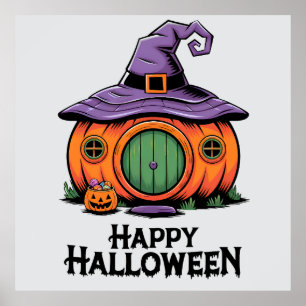 Poster Joyeux Halloween Cottage Citrouille & Chapeau de S