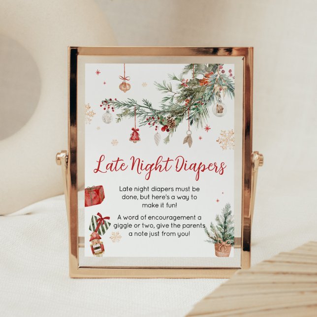 Poster Joyeux hiver Petit Noël Diapositives nocturnes (Merry Little Winter Christmas Baby Shower Late Night Diapers Sign)