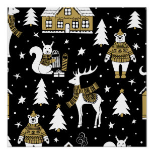 Poster Joyeux jeu de flocons de Noël noir et blanc
