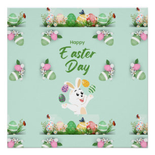 Poster Joyeux jour de Pâques - Drôle lapin et oeufs Pâque