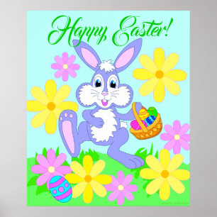 Poster Joyeux lapin de Pâques mignonne Cartoon Fleurs de 