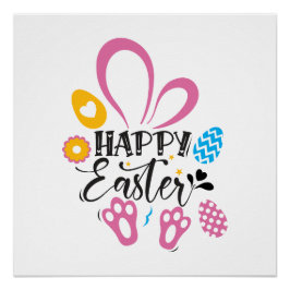 Poster Joyeux lapin mignon de Pâques avec oeufs de Pâques