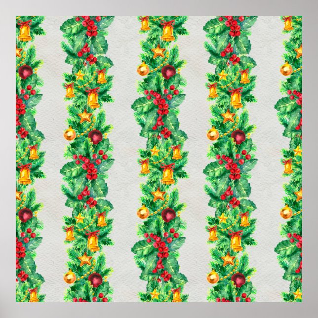 Poster Joyeux motif sans couture de Noël avec guirlandes. (Devant)