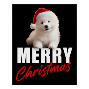 Poster Joyeux Noël Adorable chiot Samoyède avec chapeau d