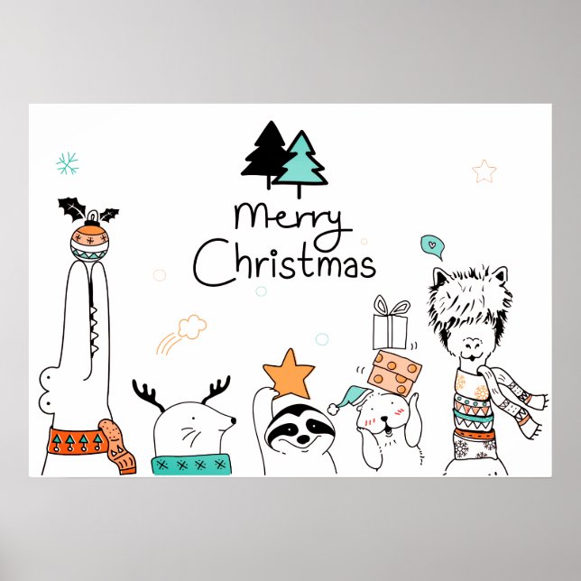 Poster Joyeux Noël Animaux caricaturaux | Vacances (Devant)