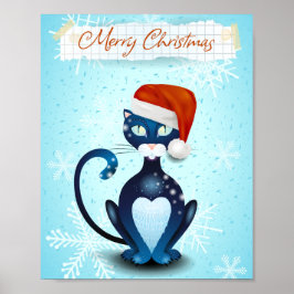 Poster Joyeux Noël avec chat noir avec Casquette Père Noë