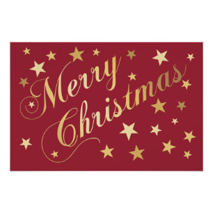 Poster Joyeux Noël Élégant Script Gold Stars Rouge