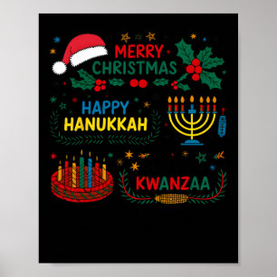 Poster Joyeux Noël Heureux Hanoukka Et Heureux Kwanzaa