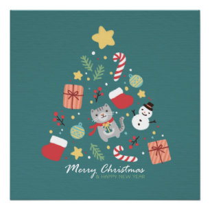 Poster Joyeux Noël : illustration de chats et d'arbres