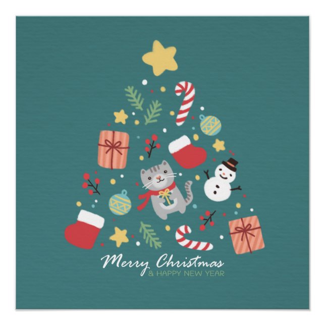 Poster Joyeux Noël : illustration de chats et d'arbres (Devant)