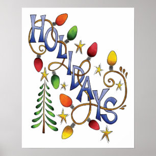 Poster Joyeux Noël, Lumières et Étoiles avec Texte de Fêt