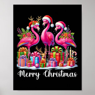 Poster Joyeux Noël Lumières Flamant Chapeau de Père Noël