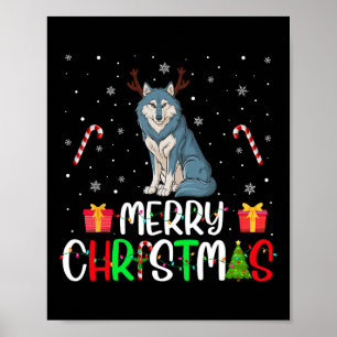 Poster Joyeux Noël Lumières Wolf Reindeer Casquette Xmas