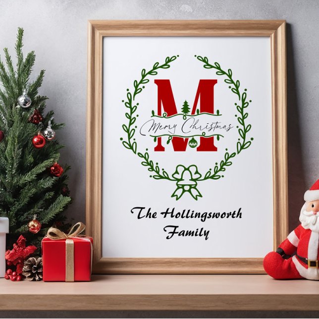 Poster Joyeux Noël Monogramme Wreath Personnaliser (Créateur téléchargé)