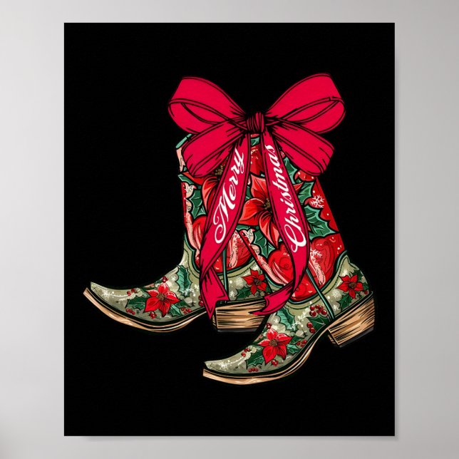 Poster Joyeux Noël Noël Noël Bottes Cowboy Coquette Bow P (Devant)