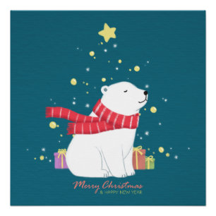 Poster Joyeux Noël : Ours Polaire Illustration Art