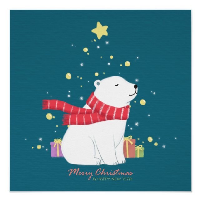 Poster Joyeux Noël : Ours Polaire Illustration Art (Devant)
