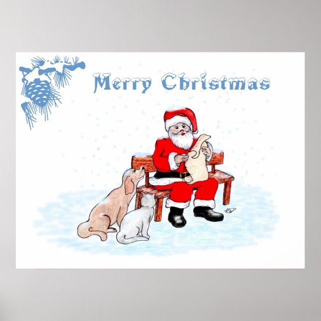 Poster Joyeux Noël - Père Noël avec chat et chien (Devant)