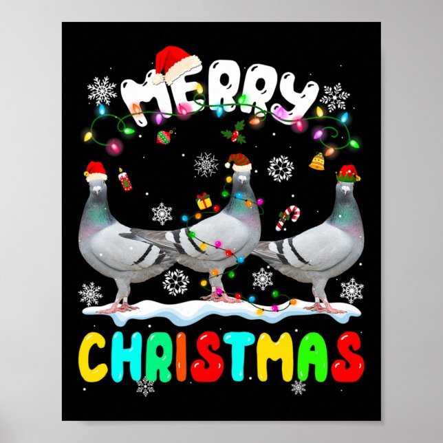 Poster Joyeux Noël Pigeon Lover Santa Hat Noël Lumières (Devant)