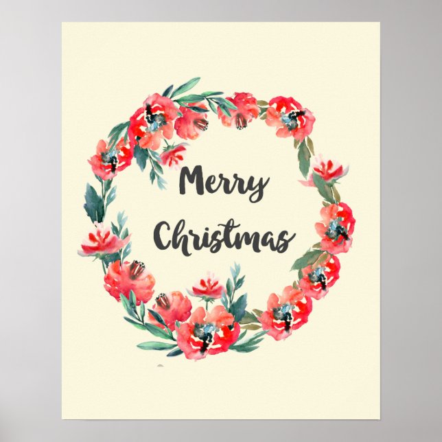 Poster Joyeux Noël Rouge Floral Aquarelle Wreath (Devant)