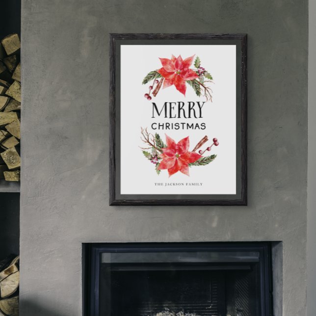 Poster Joyeux Noël Rustique Poinsettia Verdure (Créateur téléchargé)