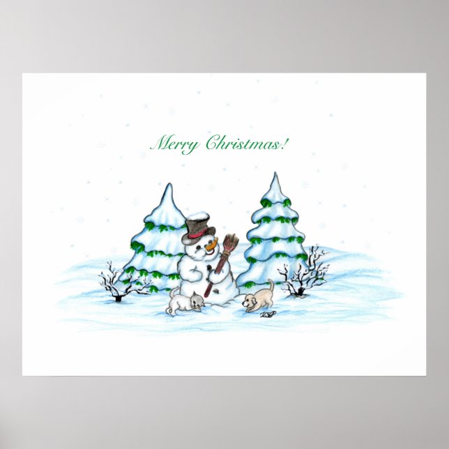 Poster Joyeux Noël ! Snowman avec chat et chiot (Devant)