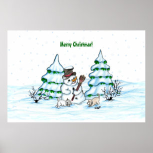 Poster Joyeux Noël ! Snowman avec chat et chiot