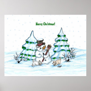 Poster Joyeux Noël ! Snowman avec chat et chiot